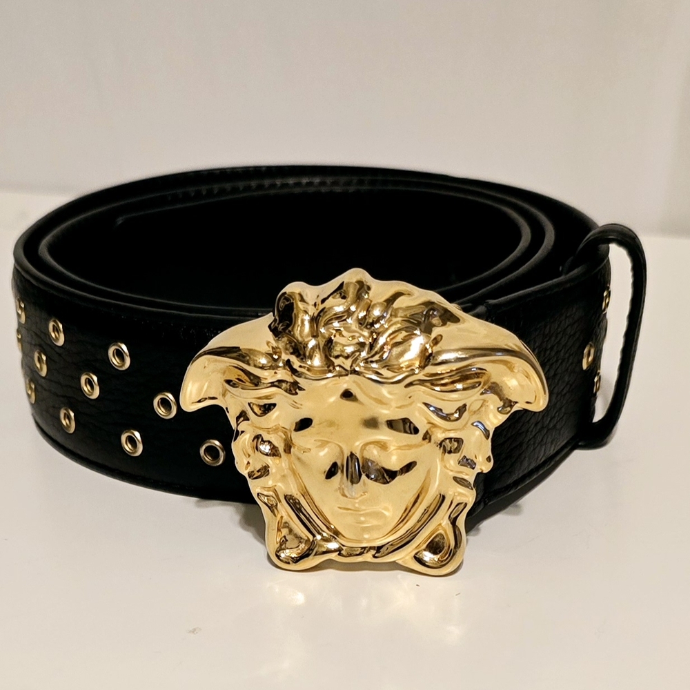 Versace Black and Gold Studded Belt with Medusa Buckle